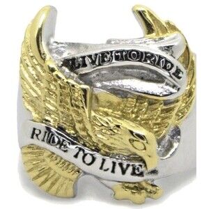 Live to Ride Ride to Live Gold and silver tone Eagle Biker Ring Sz 9
